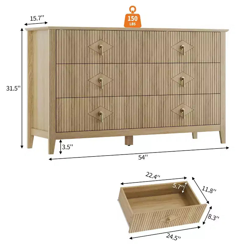 Commode à 6 tiroirs, commode moderne avec poignées en métal pour rangement de chambre à coucher