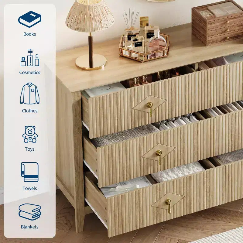 Commode à 6 tiroirs, commode moderne avec poignées en métal pour rangement de chambre à coucher