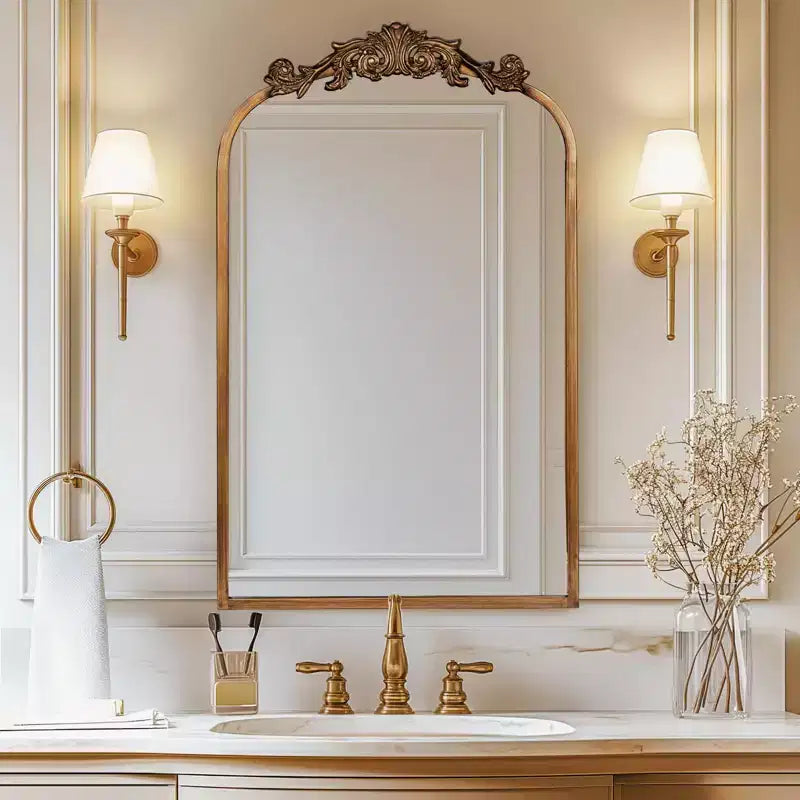 Miroir vintage mural, miroir antique avec cadre orné, design en laiton doré et arqué