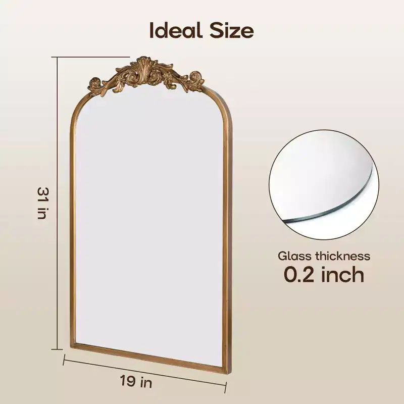 Miroir vintage mural, miroir antique avec cadre orné, design en laiton doré et arqué