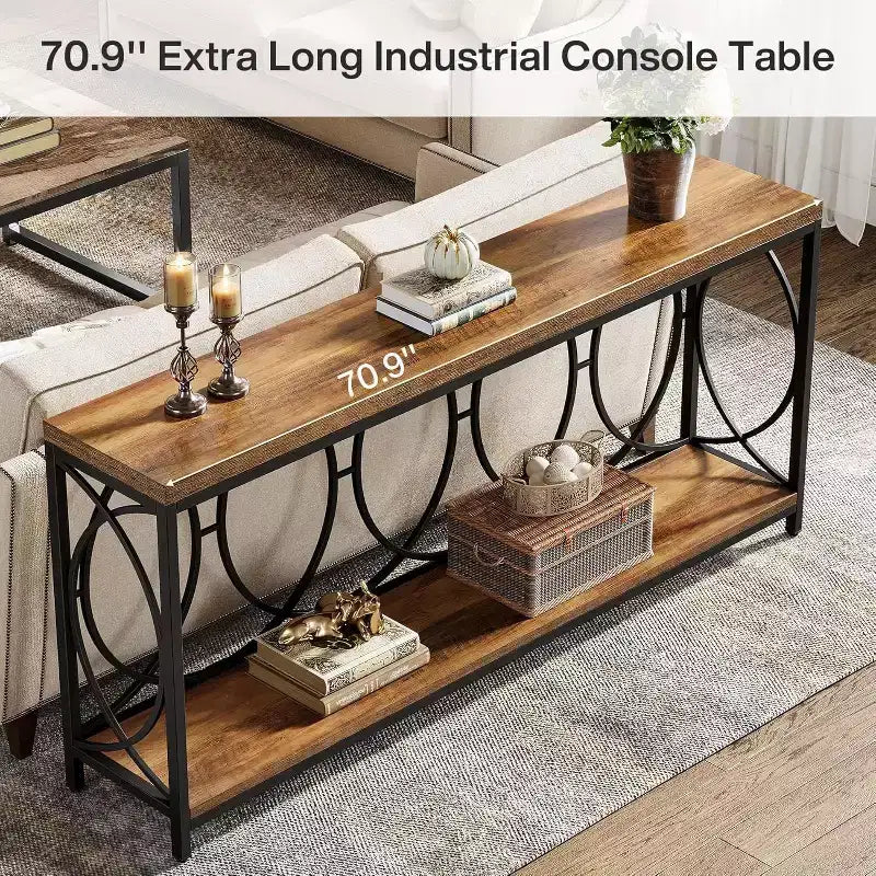 Console industrielle extra longue à 2 niveaux avec étagère de rangement