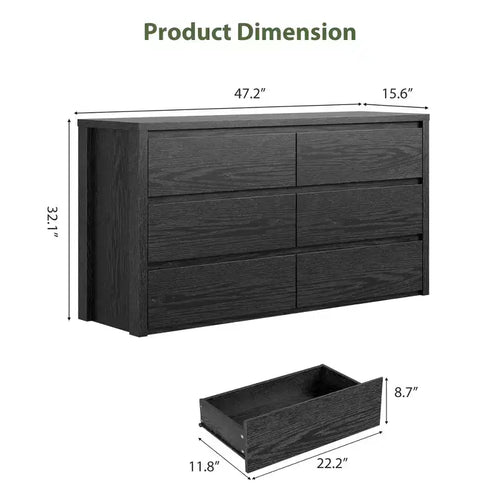 6-Drawer Wide Wood Dresser - Handle-Free Modern Storage Cabinet for Bedroom, Living Room, Hallway & Entryway, Large Chest of Drawers