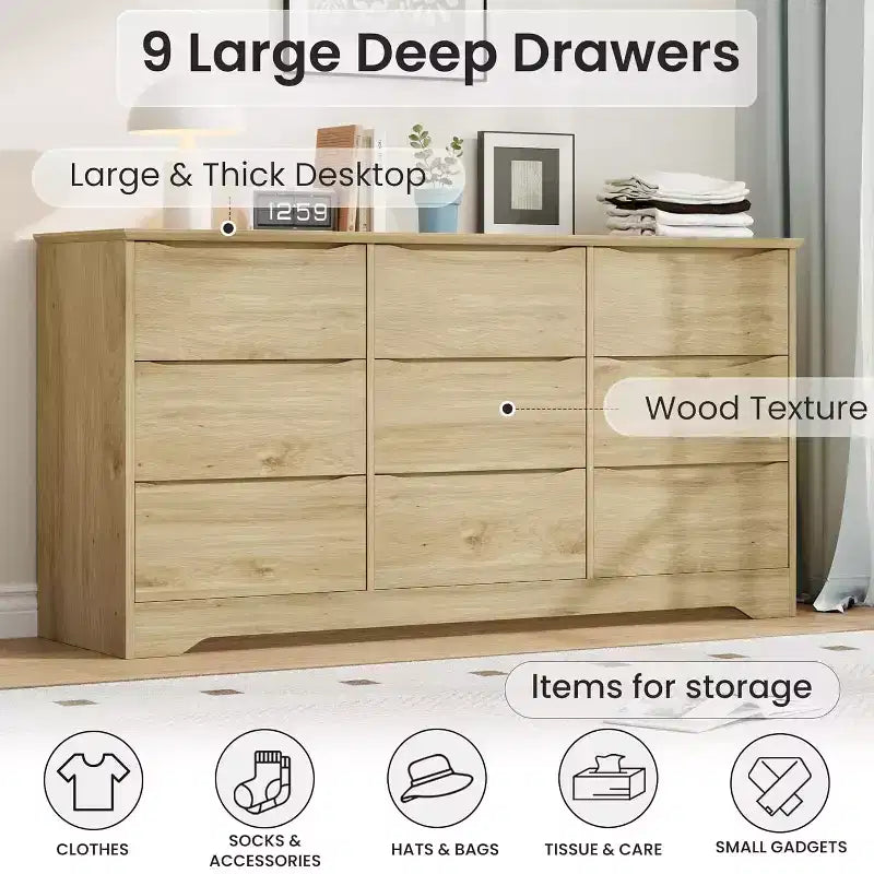Commode haute en bois à 9 tiroirs, Meuble de rangement moderne
