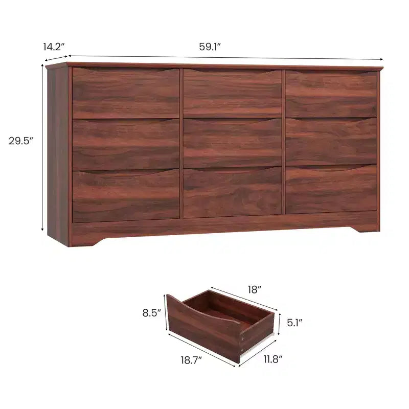 Commode en bois moderne à 9 tiroirs, rangement profond, design robuste