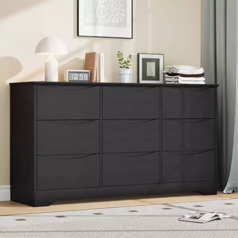 Commode en bois moderne à 9 tiroirs, rangement profond, design robuste