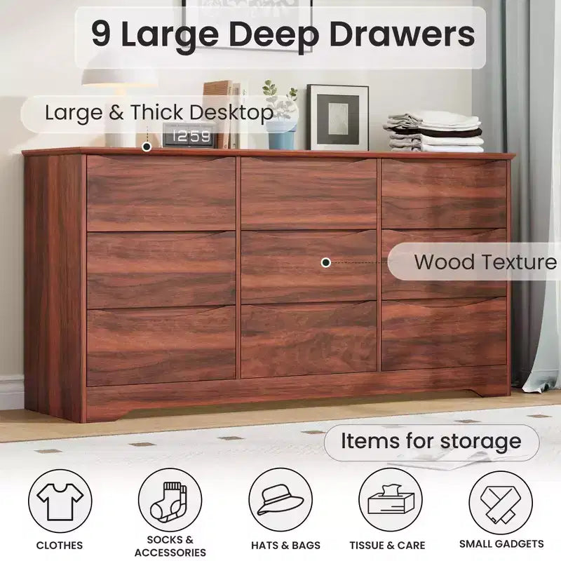 Commode en bois moderne à 9 tiroirs, rangement profond, design robuste