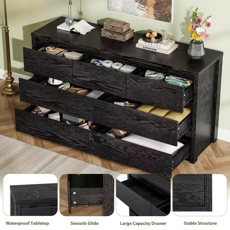 6-Drawer Modern Wide Wood Dresser - Handle-Free Storage Chest of Drawers for Bedroom, Hallway and Living Room