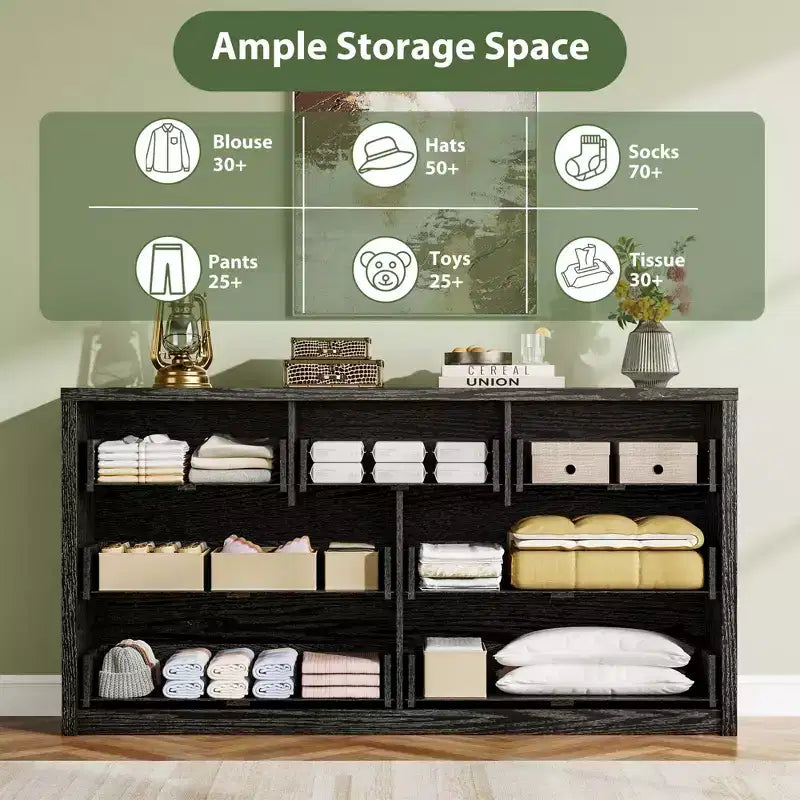 6-Drawer Modern Wide Wood Dresser - Handle-Free Storage Chest of Drawers for Bedroom, Hallway and Living Room