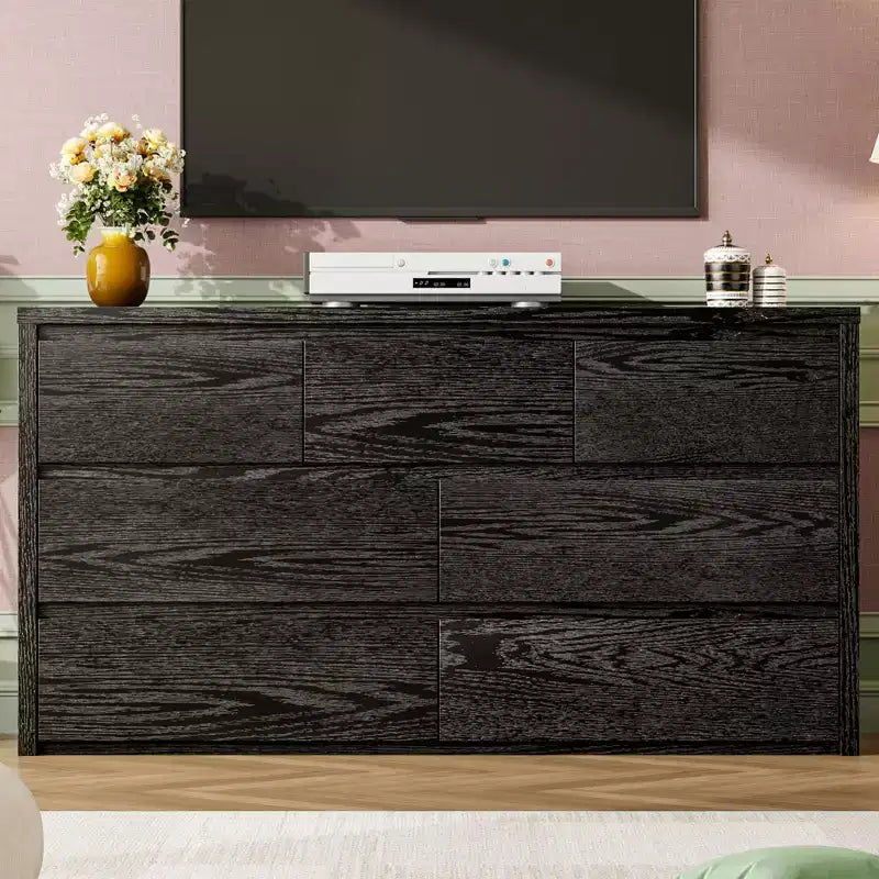 6-Drawer Modern Wide Wood Dresser - Handle-Free Storage Chest of Drawers for Bedroom, Hallway and Living Room
