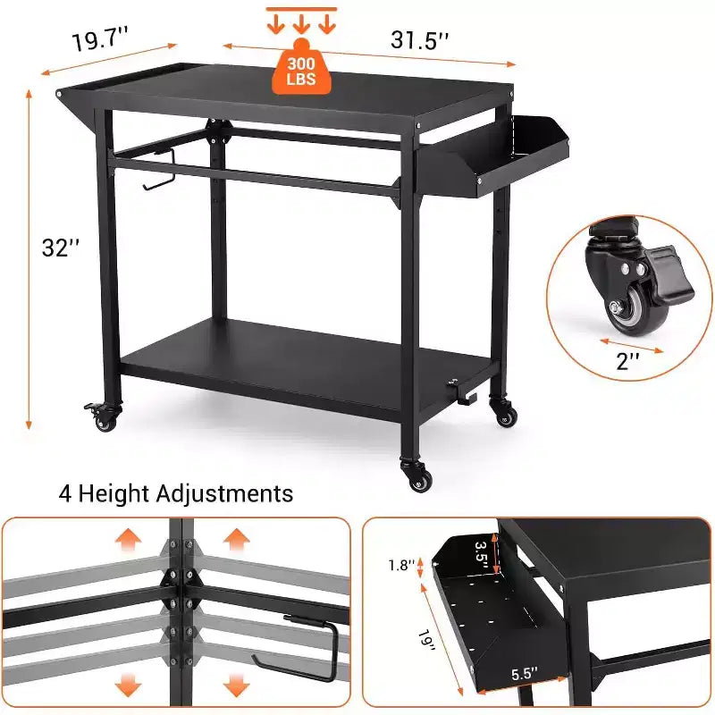 Outdoor Grill Cart with Wheels Heavy Duty Steel Prep Table, Shelves, Hooks and Gas Stand for Pizza Oven and BBQ Ideal for Camping and Garden