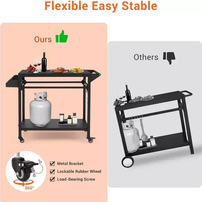 Outdoor Grill Cart with Wheels Heavy Duty Steel Prep Table, Shelves, Hooks and Gas Stand for Pizza Oven and BBQ Ideal for Camping and Garden
