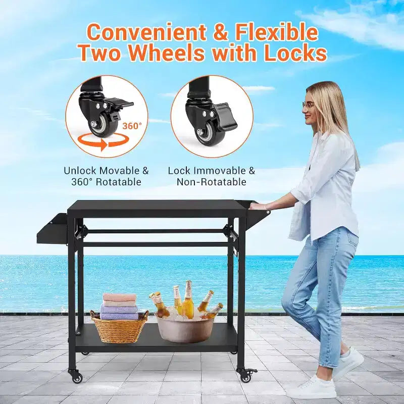 Outdoor Grill Cart with Wheels Heavy Duty Steel Prep Table, Shelves, Hooks and Gas Stand for Pizza Oven and BBQ Ideal for Camping and Garden