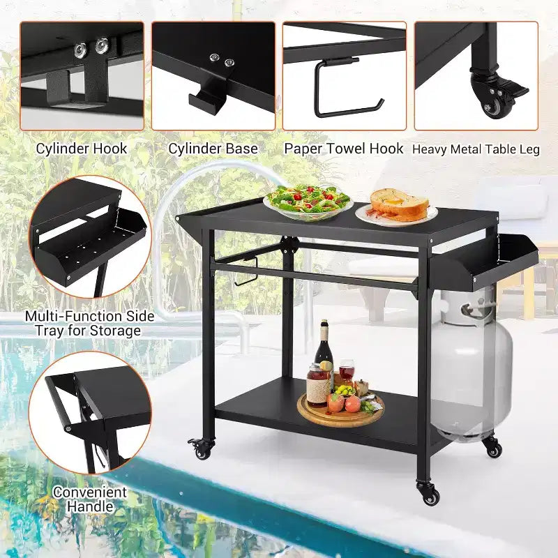Outdoor Grill Cart with Wheels Heavy Duty Steel Prep Table, Shelves, Hooks and Gas Stand for Pizza Oven and BBQ Ideal for Camping and Garden