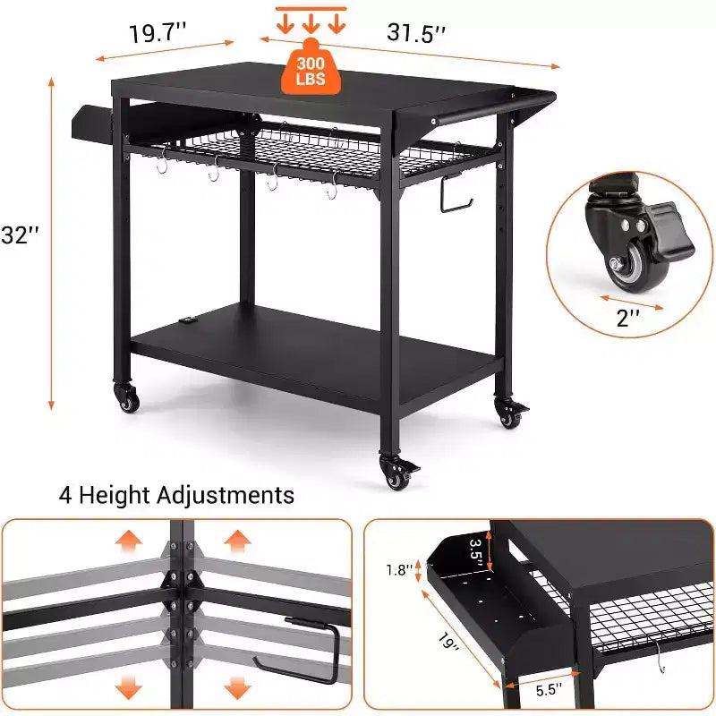 Outdoor Grill Cart with Wheels Heavy Duty Steel Prep Table, Shelves, Hooks and Gas Stand for Pizza Oven and BBQ Ideal for Camping and Garden