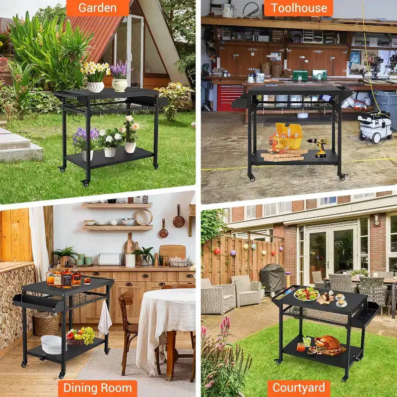 Outdoor Grill Cart with Wheels Heavy Duty Steel Prep Table, Shelves, Hooks and Gas Stand for Pizza Oven and BBQ Ideal for Camping and Garden