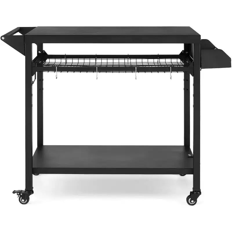 Outdoor Grill Cart with Wheels Heavy Duty Steel Prep Table, Shelves, Hooks and Gas Stand for Pizza Oven and BBQ Ideal for Camping and Garden
