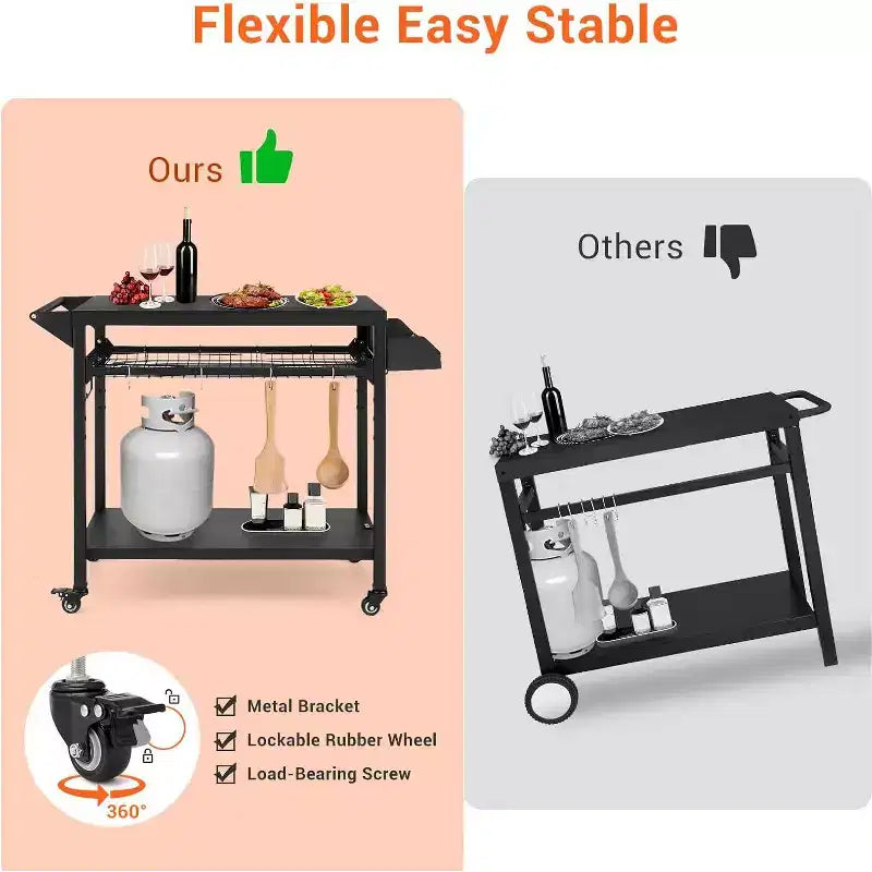 Outdoor Grill Cart with Wheels Heavy Duty Steel Prep Table, Shelves, Hooks and Gas Stand for Pizza Oven and BBQ Ideal for Camping and Garden