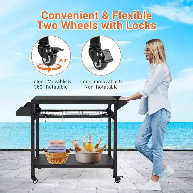 Outdoor Grill Cart with Wheels Heavy Duty Steel Prep Table, Shelves, Hooks and Gas Stand for Pizza Oven and BBQ Ideal for Camping and Garden
