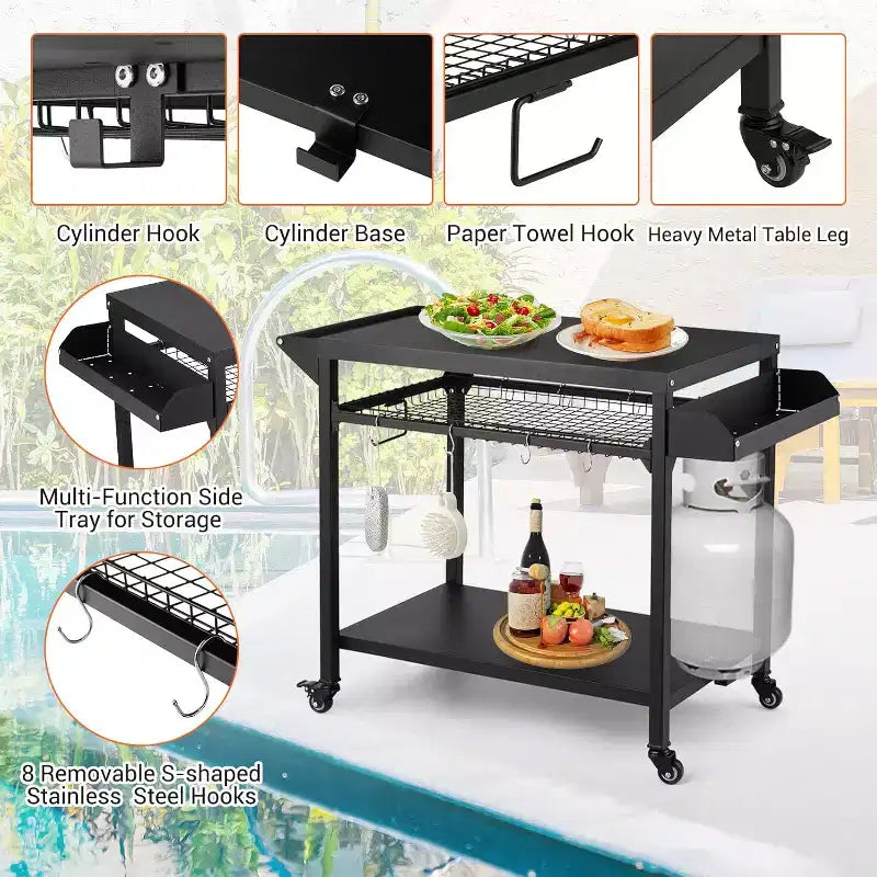 Outdoor Grill Cart with Wheels Heavy Duty Steel Prep Table, Shelves, Hooks and Gas Stand for Pizza Oven and BBQ Ideal for Camping and Garden