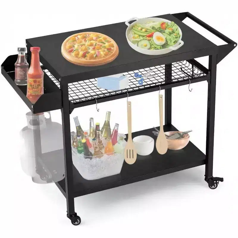 Outdoor Grill Cart with Wheels Heavy Duty Steel Prep Table, Shelves, Hooks and Gas Stand for Pizza Oven and BBQ Ideal for Camping and Garden