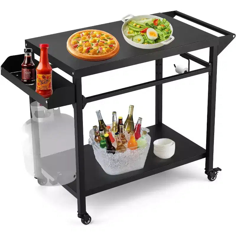 Outdoor Grill Cart with Wheels Heavy Duty Steel Prep Table, Shelves, Hooks and Gas Stand for Pizza Oven and BBQ Ideal for Camping and Garden