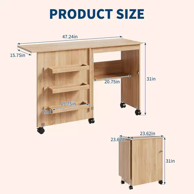 Folding Sewing Table, Multipurpose Craft Station & Side Desk with Compact Design, Wooden Rolling Craft Table with Lockable Wheels & Storage Trays