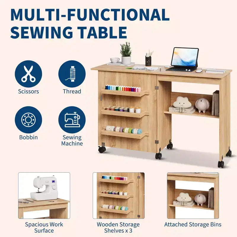 Folding Sewing Table, Multipurpose Craft Station & Side Desk with Compact Design, Wooden Rolling Craft Table with Lockable Wheels & Storage Trays