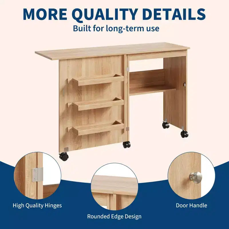 Folding Sewing Table, Multipurpose Craft Station & Side Desk with Compact Design, Wooden Rolling Craft Table with Lockable Wheels & Storage Trays