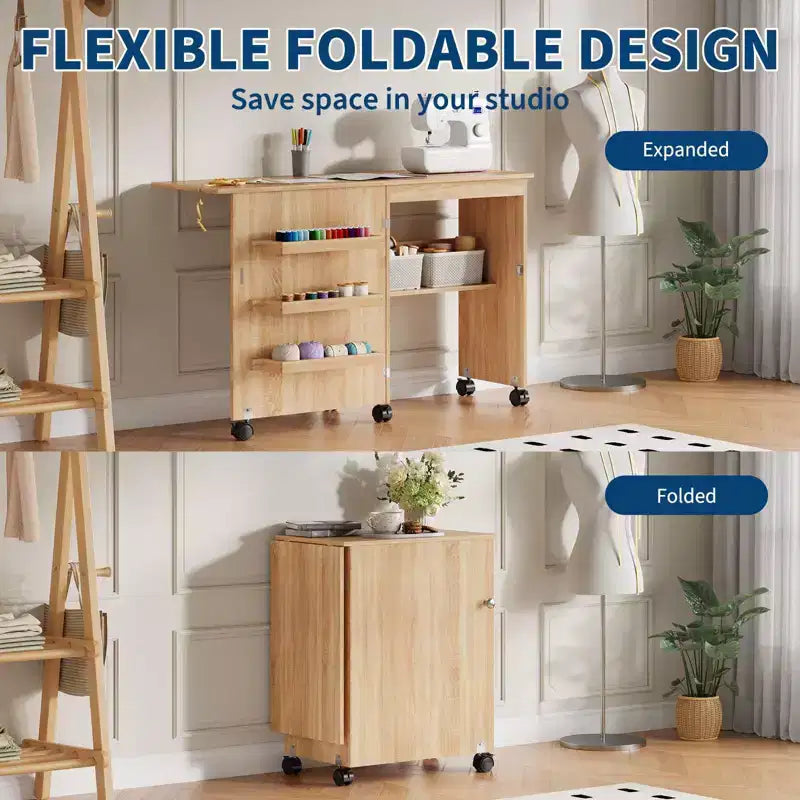 Folding Sewing Table, Multipurpose Craft Station & Side Desk with Compact Design, Wooden Rolling Craft Table with Lockable Wheels & Storage Trays