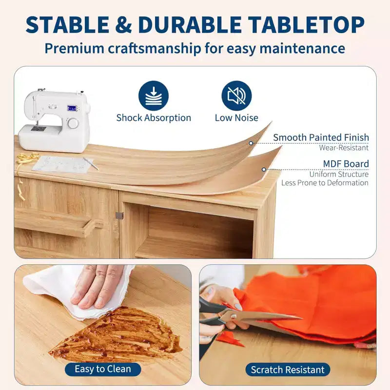 Folding Sewing Table, Multipurpose Craft Station & Side Desk with Compact Design, Wooden Rolling Craft Table with Lockable Wheels & Storage Trays
