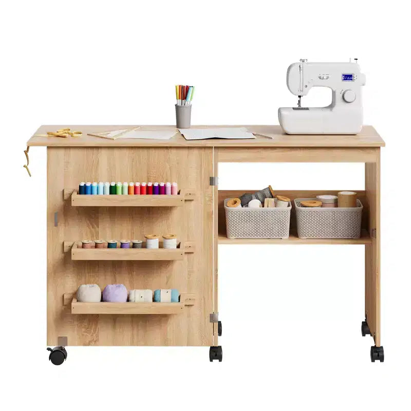 Folding Sewing Table, Multipurpose Craft Station & Side Desk with Compact Design, Wooden Rolling Craft Table with Lockable Wheels & Storage Trays