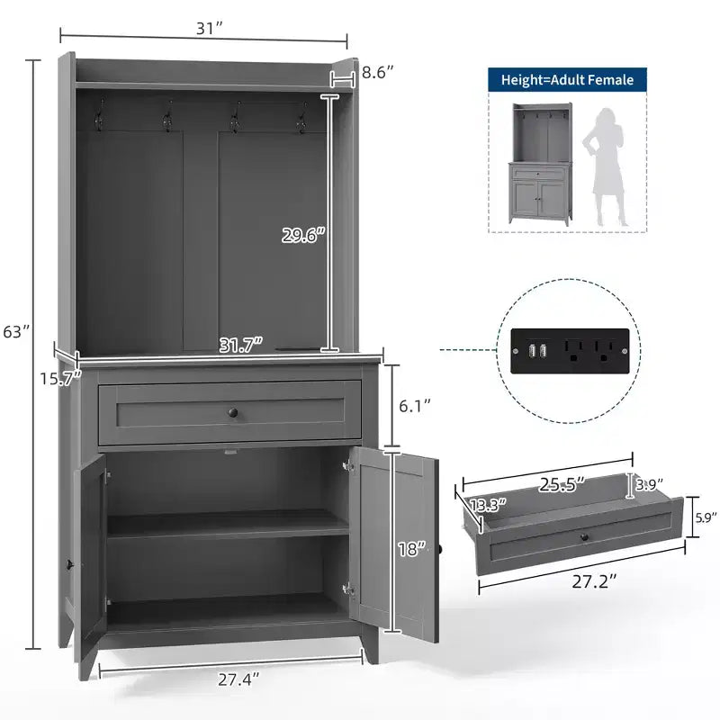 63 Kitchen Pantry Cabinet with Charging Station, Coffee Bar Station with 1 Large Drawer, Adjustable Shelves and 4 Hooks