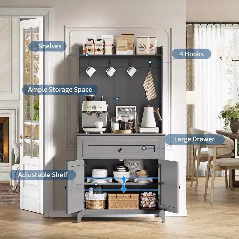 63 Kitchen Pantry Cabinet with Charging Station, Coffee Bar Station with 1 Large Drawer, Adjustable Shelves and 4 Hooks