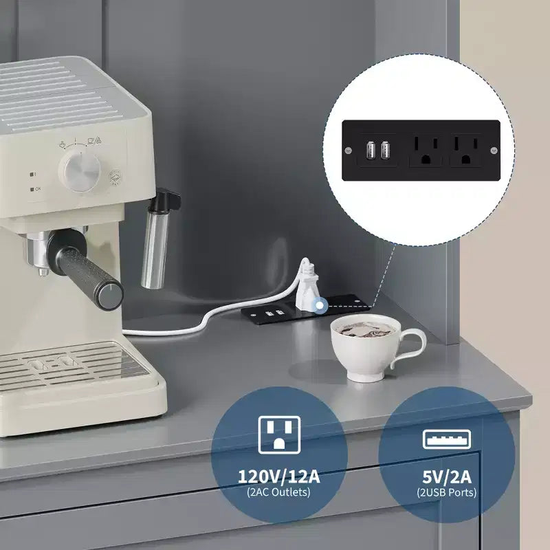 63 Kitchen Pantry Cabinet with Charging Station, Coffee Bar Station with 1 Large Drawer, Adjustable Shelves and 4 Hooks