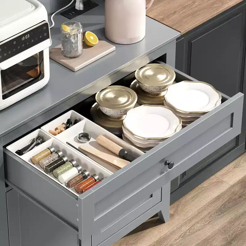 63 Kitchen Pantry Cabinet with Charging Station, Coffee Bar Station with 1 Large Drawer, Adjustable Shelves and 4 Hooks