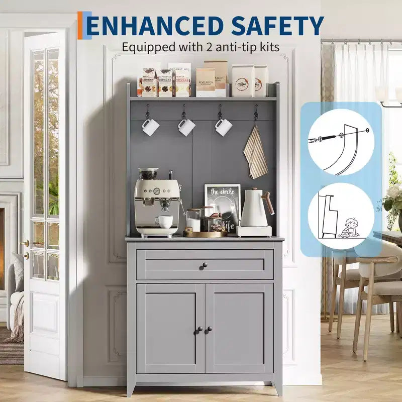 63 Kitchen Pantry Cabinet with Charging Station, Coffee Bar Station with 1 Large Drawer, Adjustable Shelves and 4 Hooks