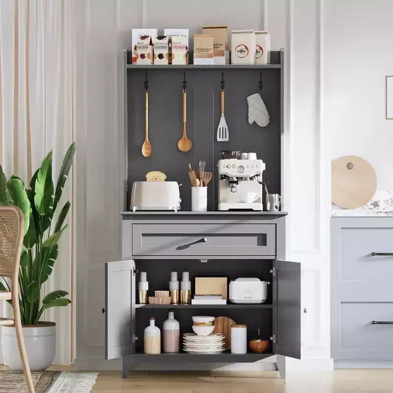 63 Kitchen Pantry Cabinet with Charging Station, Coffee Bar Station with 1 Large Drawer, Adjustable Shelves and 4 Hooks
