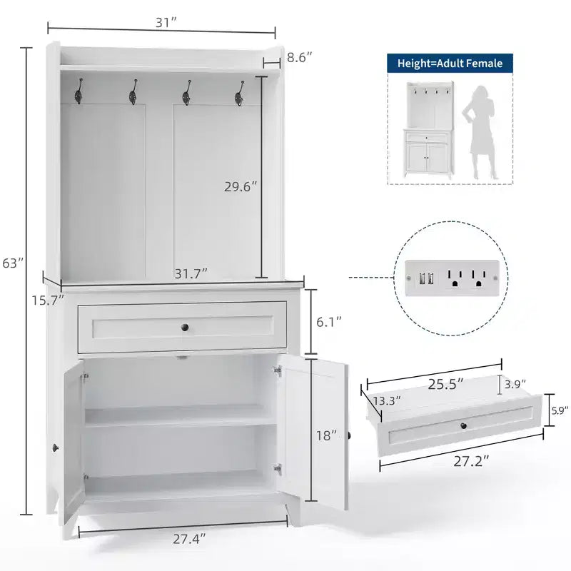 63 Kitchen Pantry Cabinet with Charging Station, Coffee Bar Station with 1 Large Drawer, Adjustable Shelves and 4 Hooks