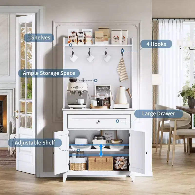 63 Kitchen Pantry Cabinet with Charging Station, Coffee Bar Station with 1 Large Drawer, Adjustable Shelves and 4 Hooks