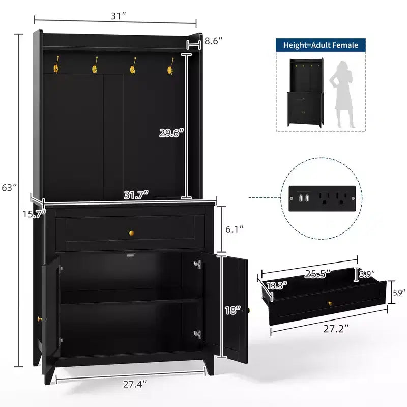 63 Kitchen Pantry Cabinet with Charging Station, Coffee Bar Station with 1 Large Drawer, Adjustable Shelves and 4 Hooks