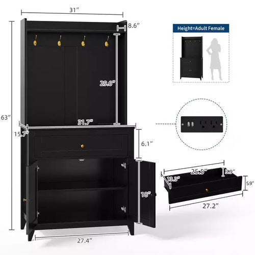 63 Kitchen Pantry Cabinet with Charging Station, Coffee Bar Station with 1 Large Drawer, Adjustable Shelves and 4 Hooks