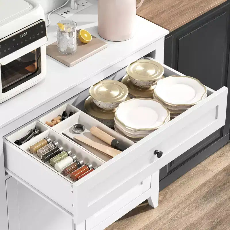 63 Kitchen Pantry Cabinet with Charging Station, Coffee Bar Station with 1 Large Drawer, Adjustable Shelves and 4 Hooks