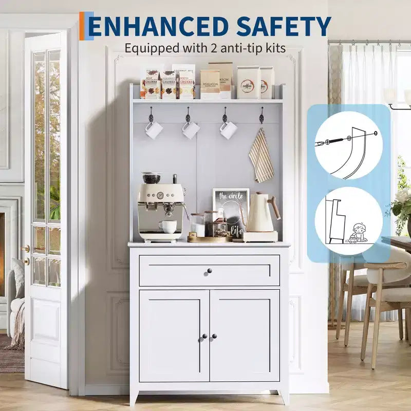 63 Kitchen Pantry Cabinet with Charging Station, Coffee Bar Station with 1 Large Drawer, Adjustable Shelves and 4 Hooks