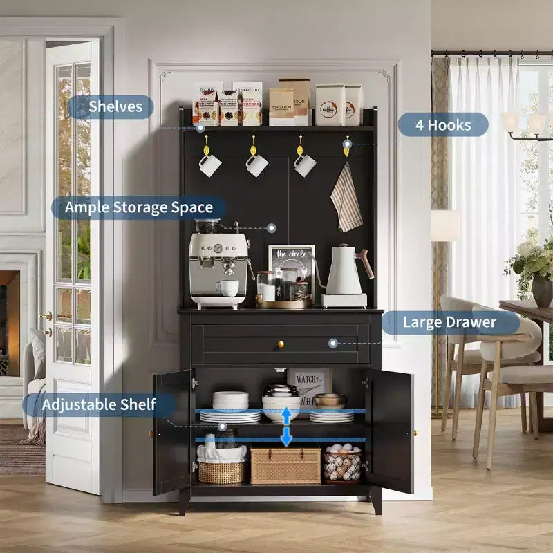 63 Kitchen Pantry Cabinet with Charging Station, Coffee Bar Station with 1 Large Drawer, Adjustable Shelves and 4 Hooks