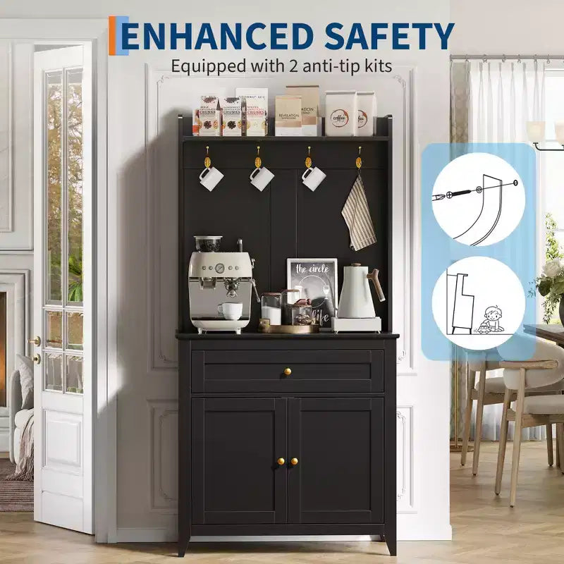 63 Kitchen Pantry Cabinet with Charging Station, Coffee Bar Station with 1 Large Drawer, Adjustable Shelves and 4 Hooks