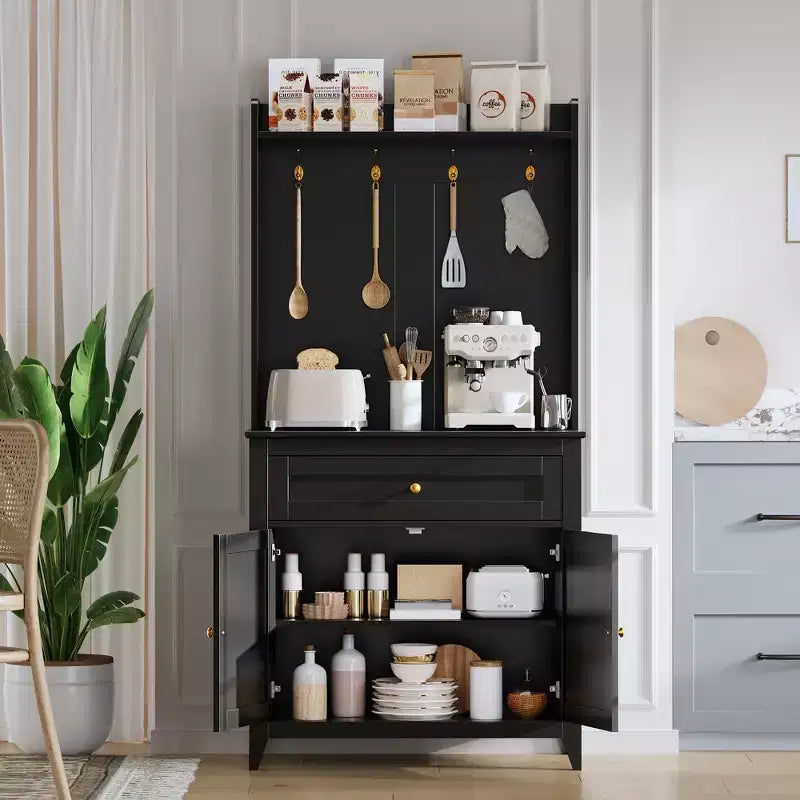 63 Kitchen Pantry Cabinet with Charging Station, Coffee Bar Station with 1 Large Drawer, Adjustable Shelves and 4 Hooks
