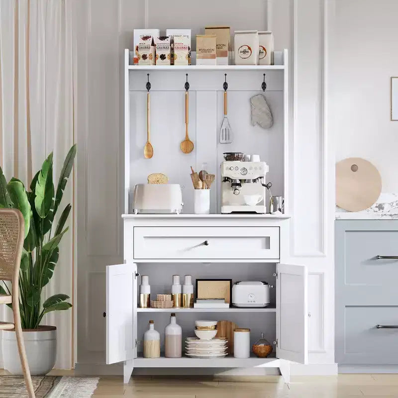 63 Kitchen Pantry Cabinet with Charging Station, Coffee Bar Station with 1 Large Drawer, Adjustable Shelves and 4 Hooks