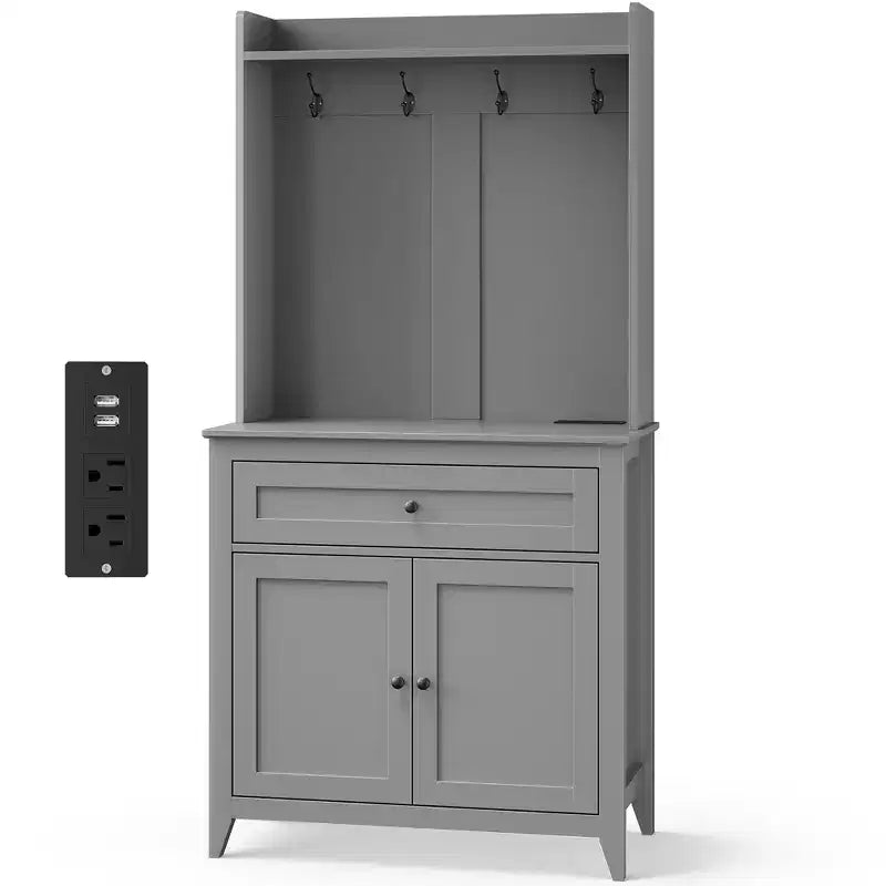 63 Kitchen Pantry Cabinet with Charging Station, Coffee Bar Station with 1 Large Drawer, Adjustable Shelves and 4 Hooks