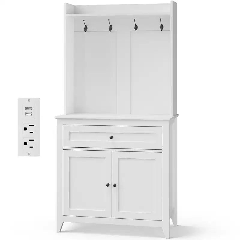 63 Kitchen Pantry Cabinet with Charging Station, Coffee Bar Station with 1 Large Drawer, Adjustable Shelves and 4 Hooks