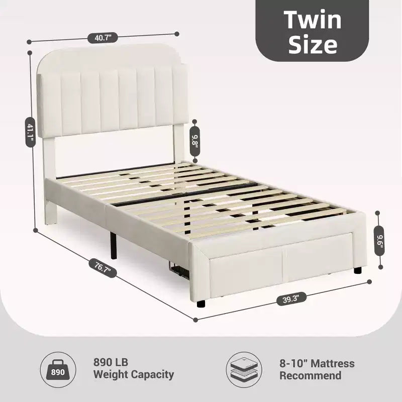2 Pack Velvet Upholstered Twin Bed Frame with Drawer & Storage Headboard, No Box Spring Needed, Noise-Free Beige